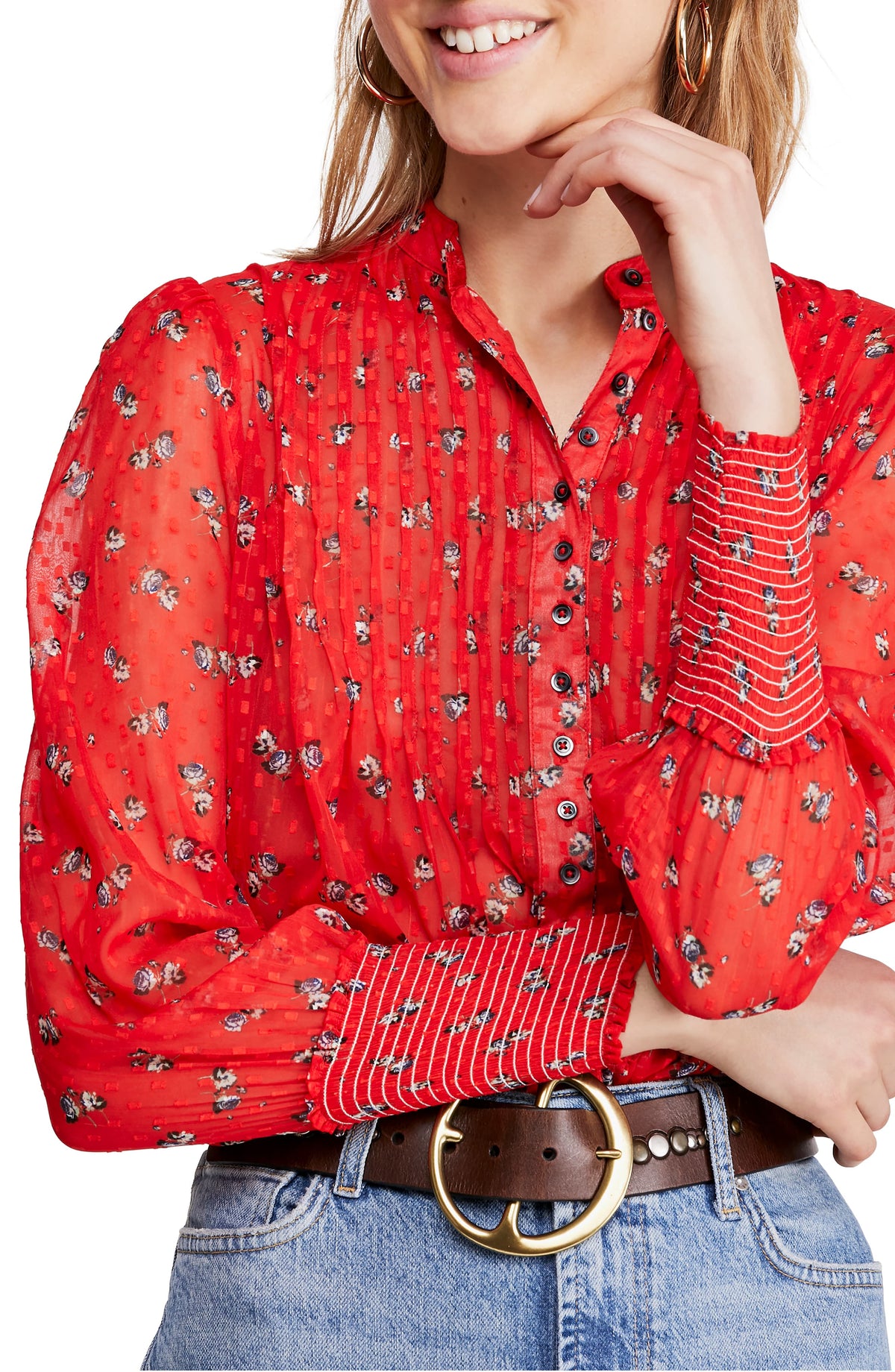 Free People Women's Printed Long Sleeve Crew Neck Top Red Size X-Small