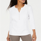Karen Scott Women's Eyelet Front Cotton Henley Top White Size Petite S/M
