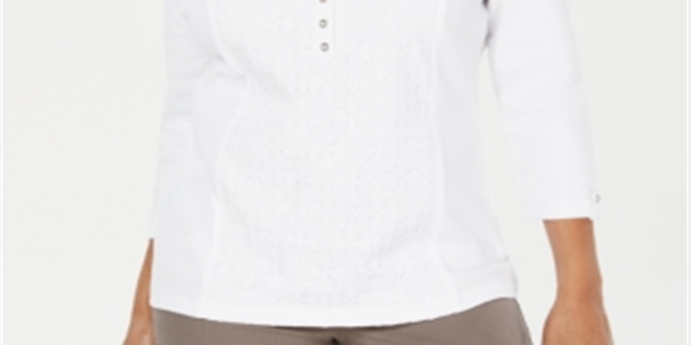 Karen Scott Women's Eyelet Front Cotton Henley Top White Size Petite S/M