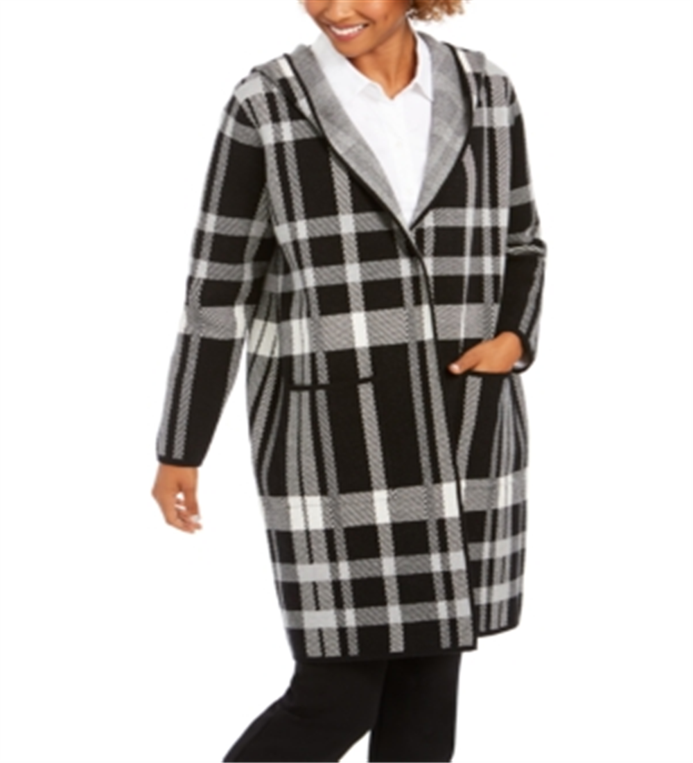Charter Club Women's Plaid Hooded Coat Black Size Petite SM