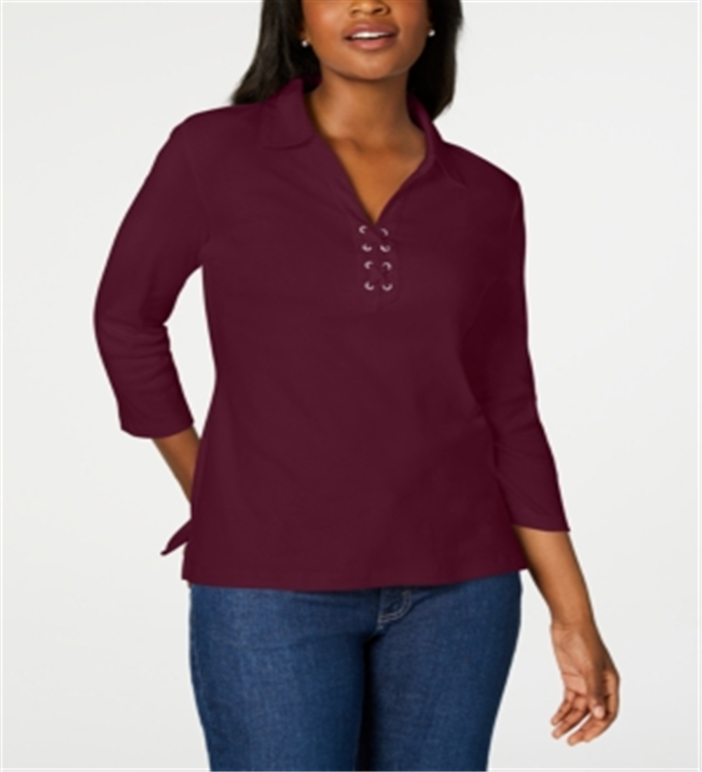 Karen Scott Women's Cotton Lace up Shirt Wine Size XX-Large