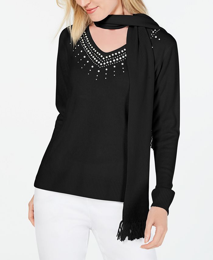 Karen Scott Women's Embellished Sweater with Scarf Black Size Petite XL