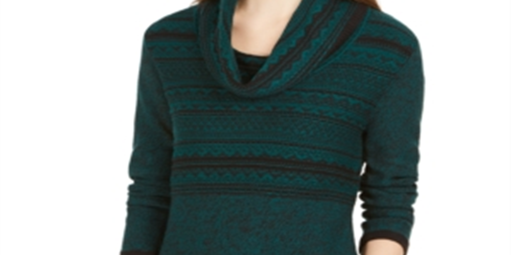 Style & Co Women's Cowl Neck Printed Sweater Green Size Petite