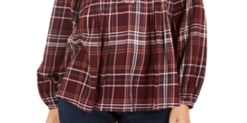 Style & Co Women's Plaid Split Neck Top Wine Size Small