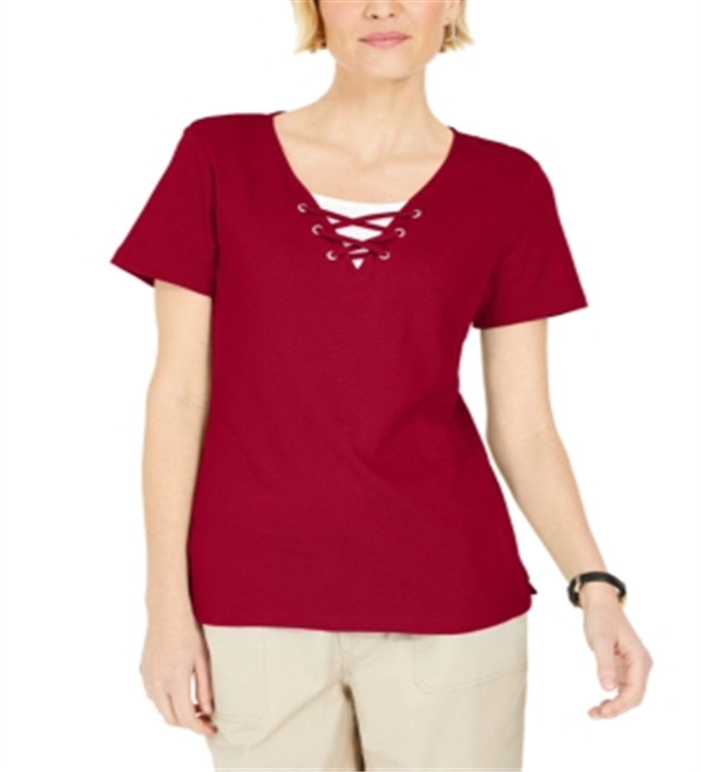 Karen Scott Women's Lace up Layered Look Top Red Size Medium