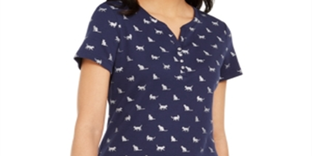 Karen Scott Women's Kitty Glitz Printed Henley Top Blue Size Medium
