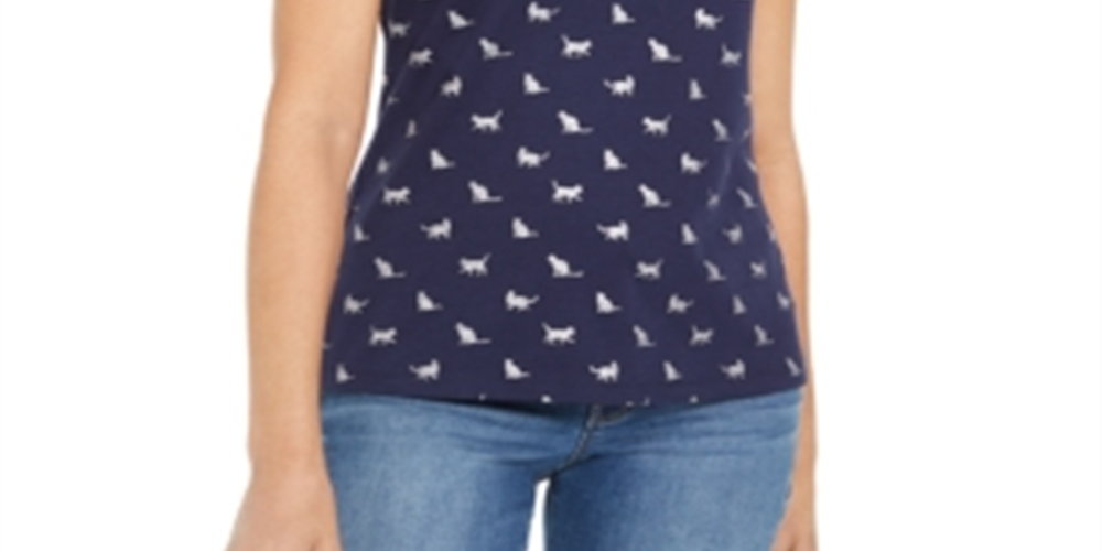 Karen Scott Women's Kitty Glitz Printed Henley Top Blue Size Medium
