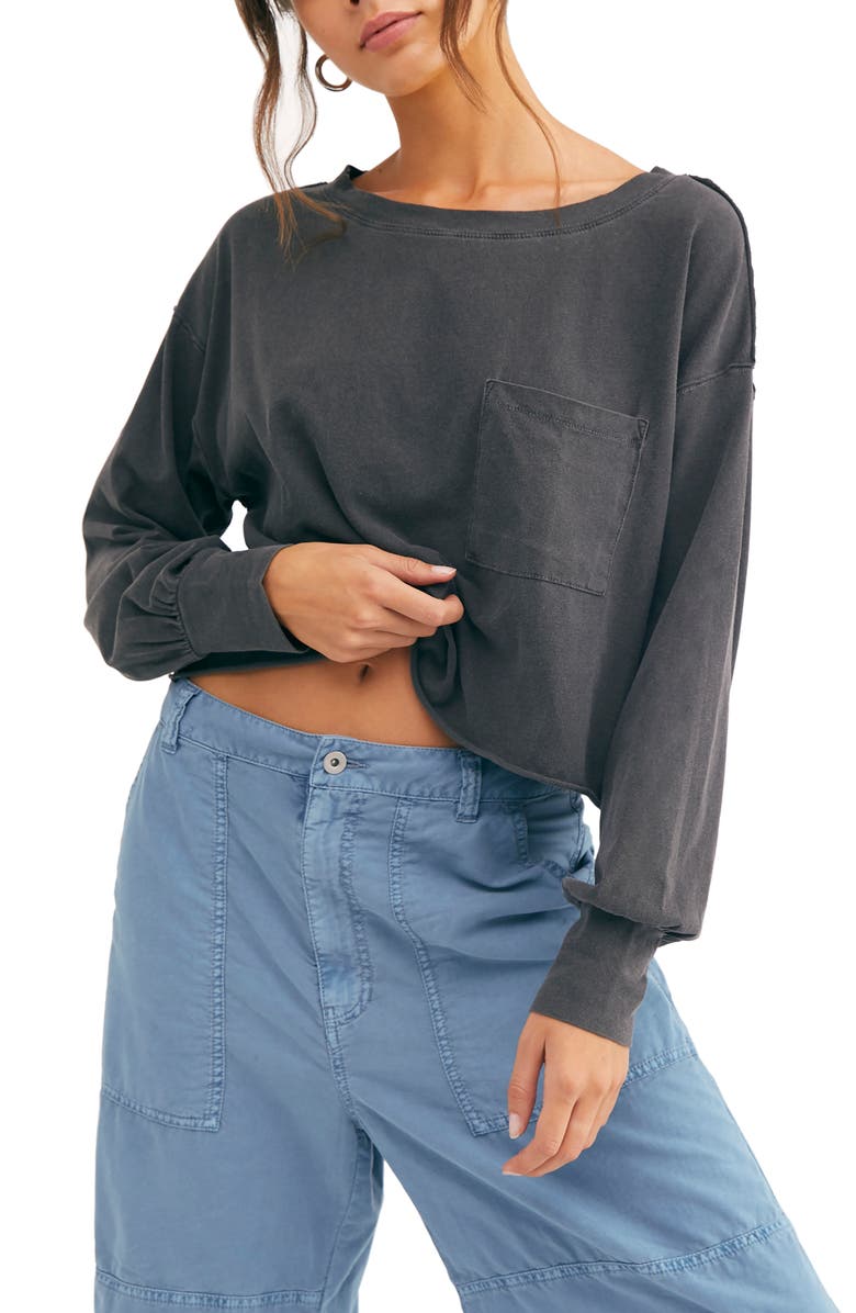Free People Women's Austin Cropped Long Sleeves T-Shirt Black Size Large