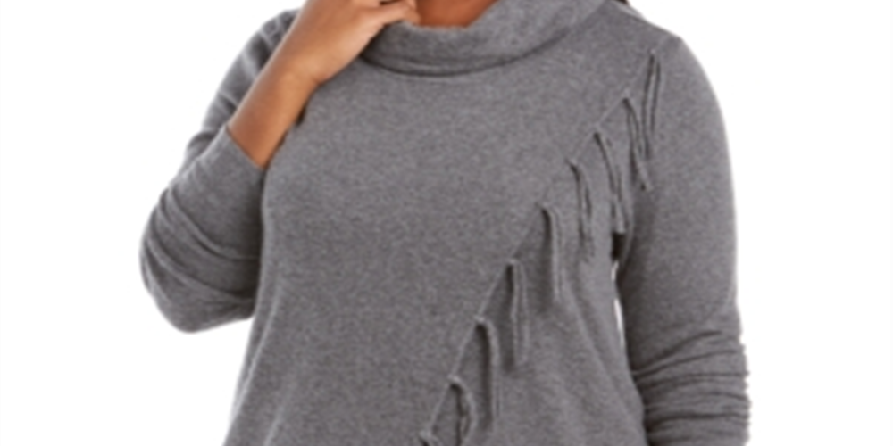 Belldini Women's Cowlneck Fringe Sweater Gray Size 2X