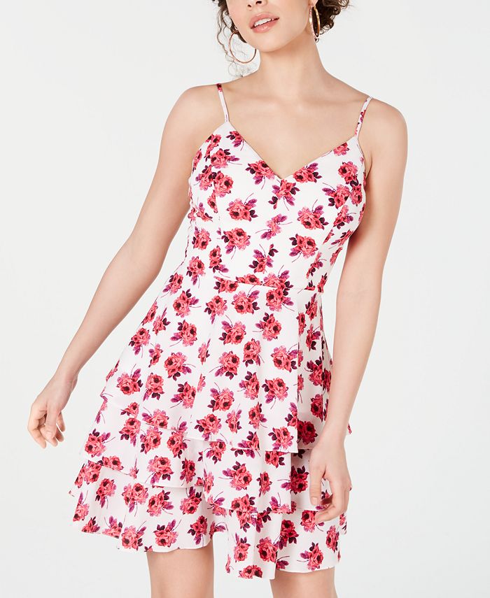 B DARLIN Women's Zippered Floral Spaghetti Strap V Neck Mini Layered Dress White Size 9-10