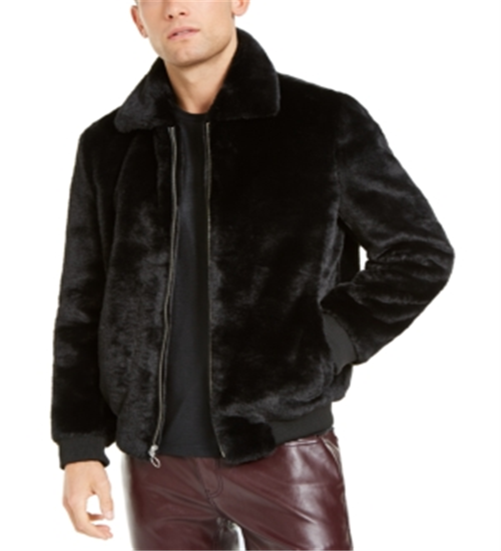 INC Men's Onyx Faux Fur Bomber Jacket  Black Comb Black Size XXL