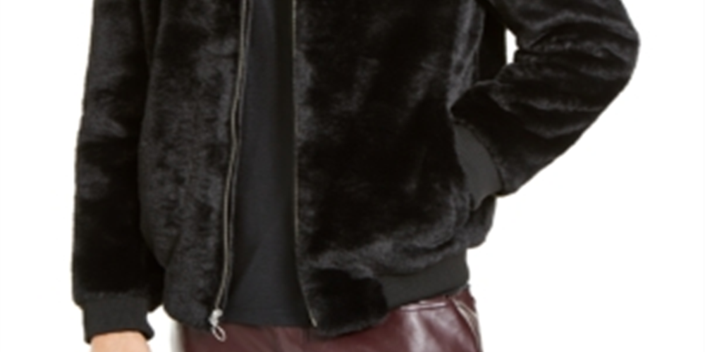 INC Men's Onyx Faux Fur Bomber Jacket  Black Comb Black Size XXL