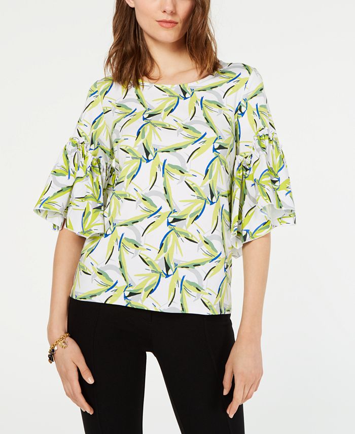 Alfani Women's Bell Sleeve Printed Top White  Size Petite S/M