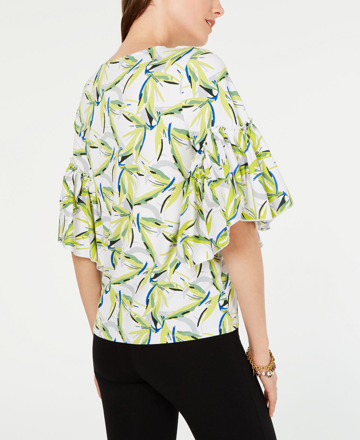 Alfani Women's Bell Sleeve Printed Top White  Size Petite S/M