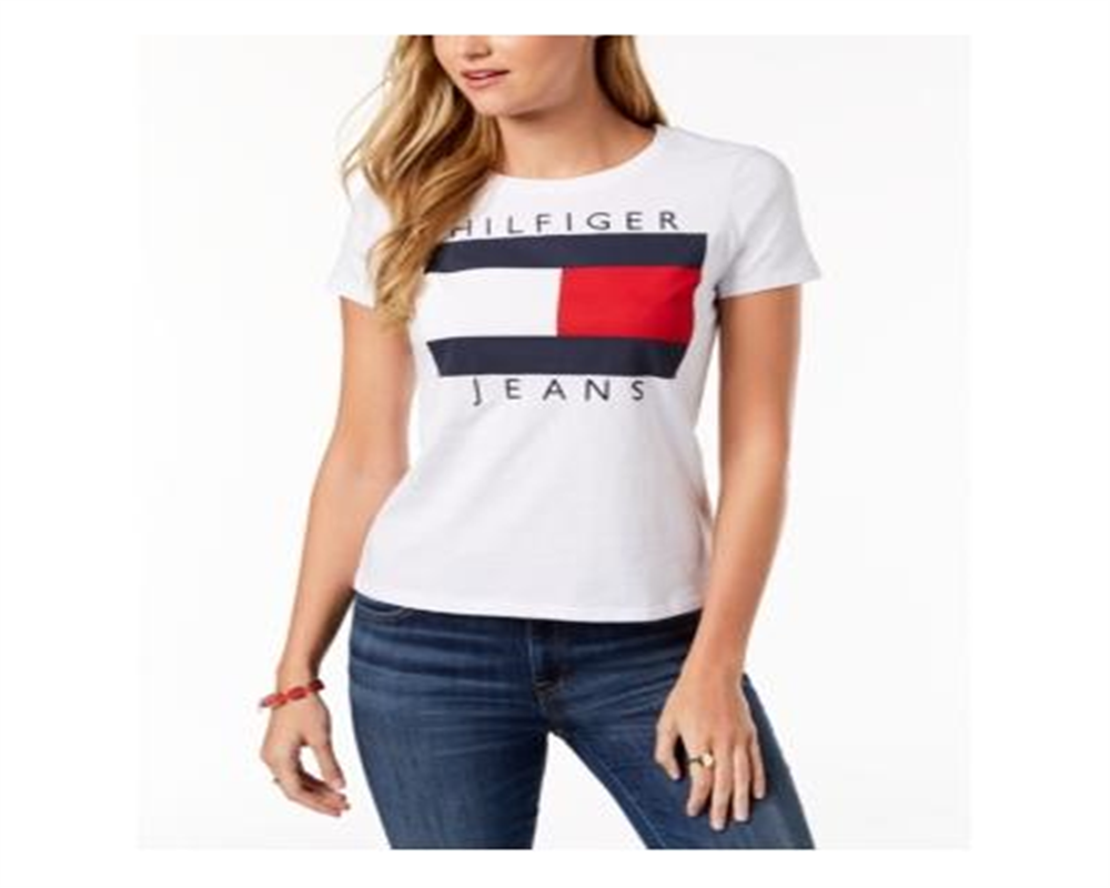 Tommy Hilfiger Women's  Cotton Embroidered Logo T-Shirt White Size 2XL