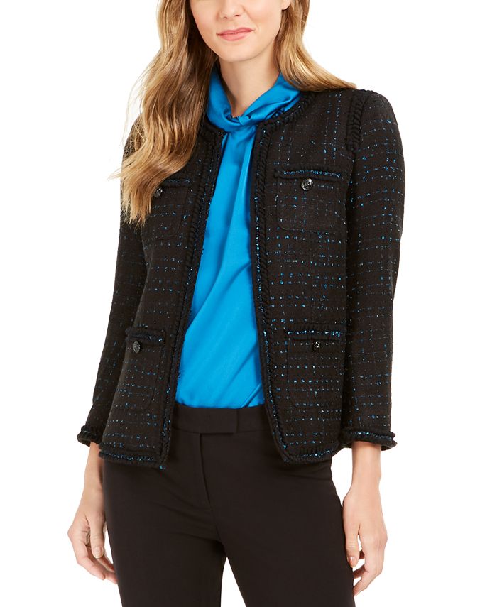 Anne Klein Women's Metallic Ruffle-Trim Blazer Black Size 0