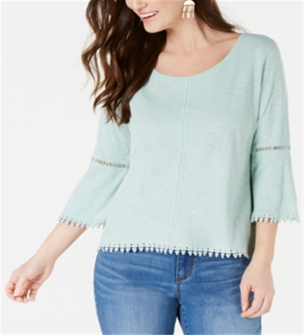 Style & Co Petite Crochet-Trim Bell-Sleeve Top Green Size Petite P