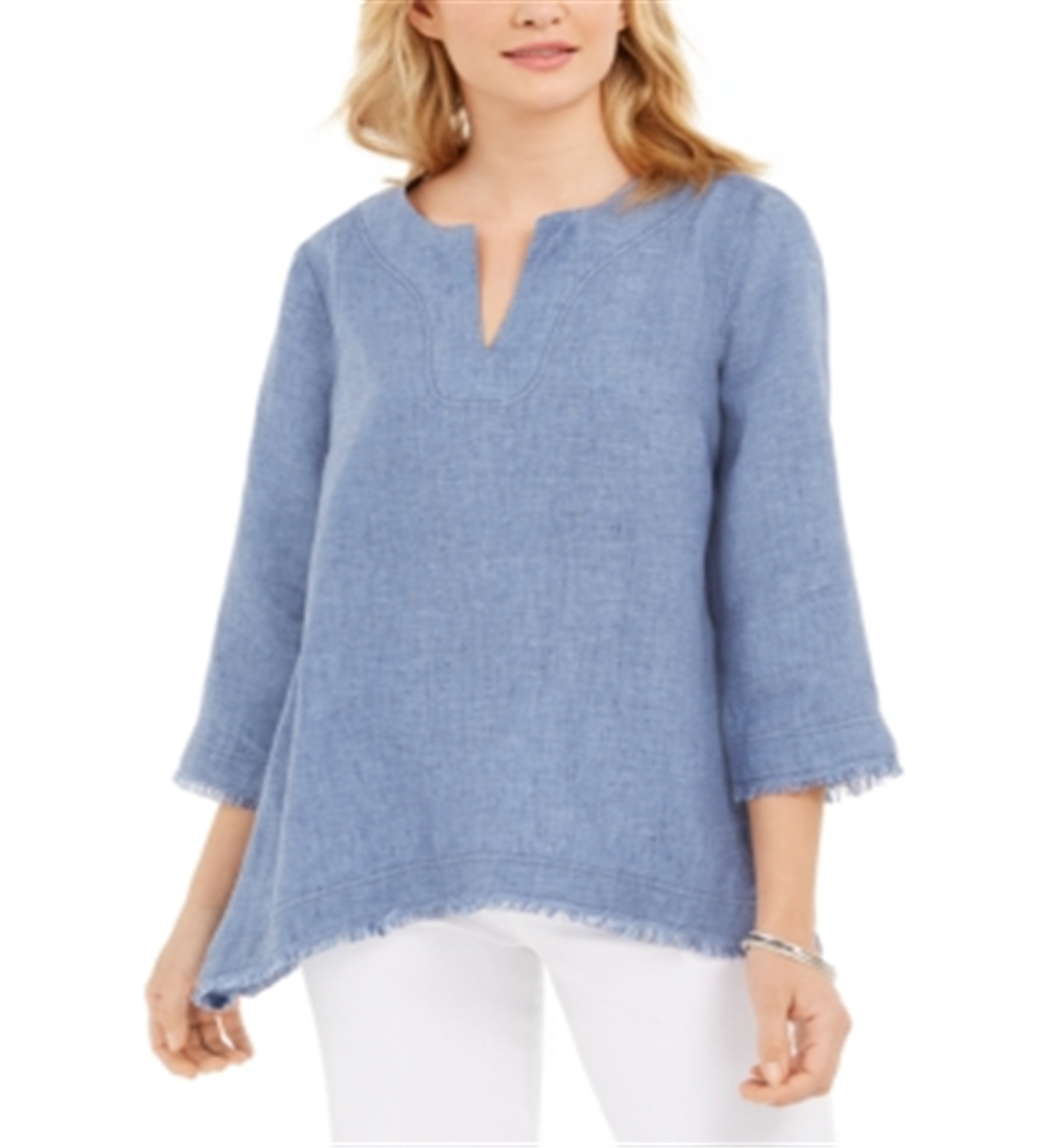 Charter Club Women's Frayed Hem Linen Top Blue Size Small