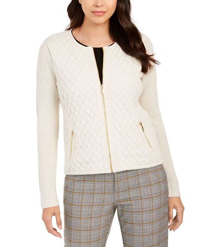 Charter Club Petite Zip-Front Quilted Sweater Brown Size Petite L