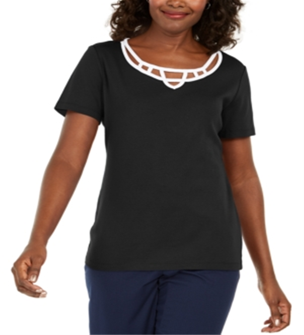 Karen Scott Women's Cotton Lattice Trim Top Black- Size PP