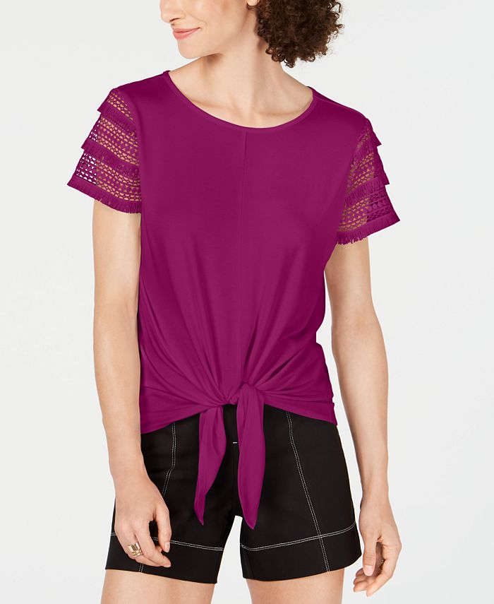INC International Concepts Women's Plus Tie Front Lace Sleeve Blouse Purple Size 4XL