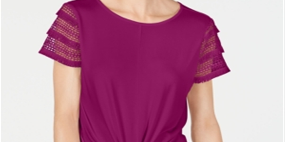 INC International Concepts Women's Plus Tie Front Lace Sleeve Blouse Purple Size 4XL