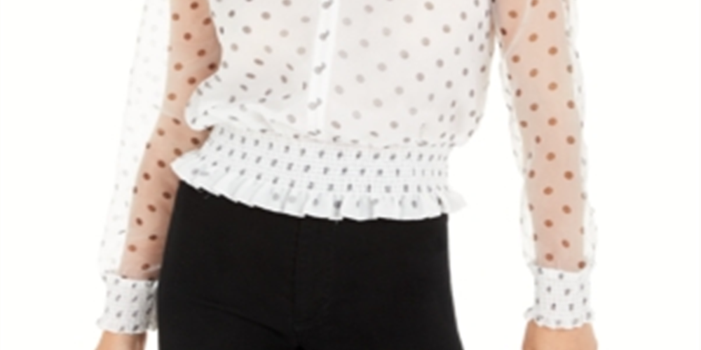 Bar III Women's Polka Dot Smocked Waist Top White Size Small