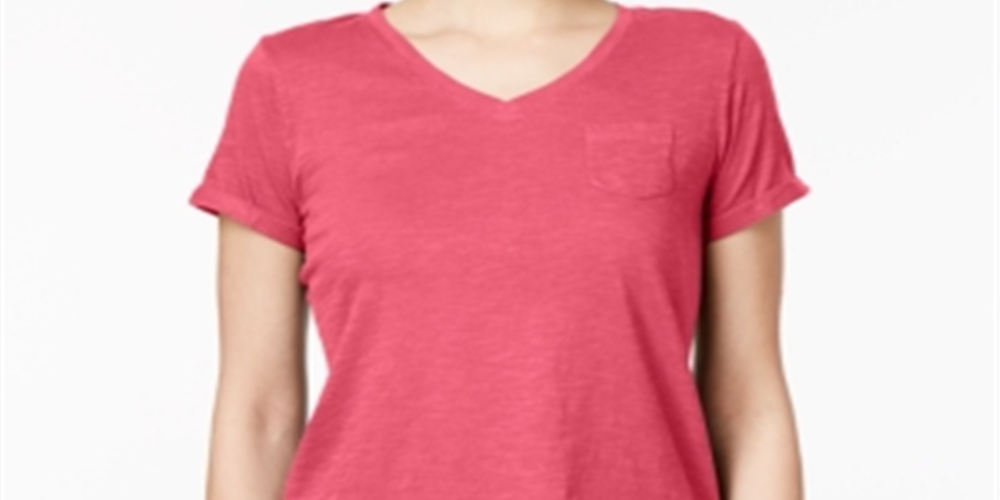 Style & Co Women's V Neck Pocket T-Shirt Pink Size Petite Medium