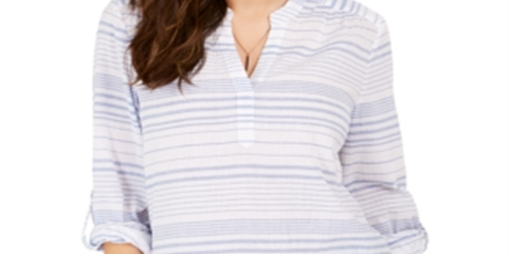 Style & Co Women's Striped Split Neck Top Blue Size Small