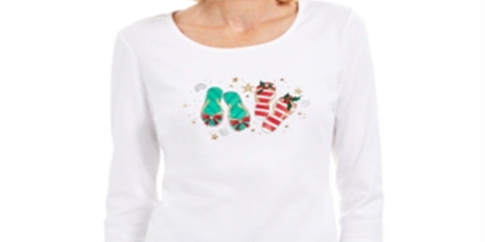 Karen Scott Women's Cotton 3/4 Sleeve Scoop Neck Holiday Top White Size X-Small