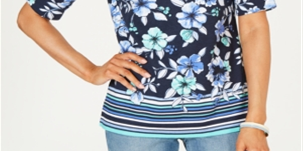Karen Scott Women's Boat Neck Floral Print Border Top Blue Size X-Small