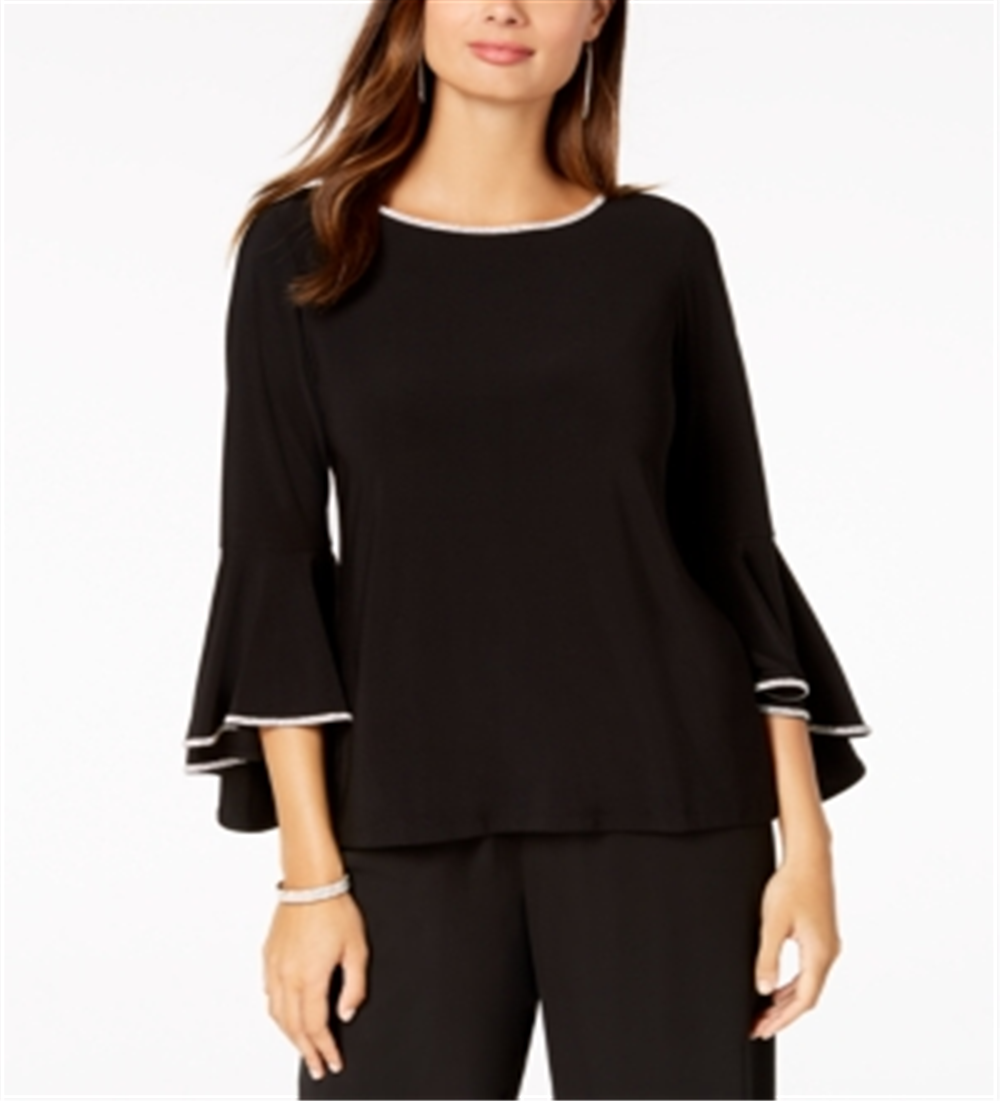 MSK Women's Bell Sleeve Rhinestone Trim Blouse Black Size Petite Medium