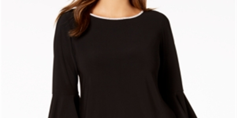 MSK Women's Bell Sleeve Rhinestone Trim Blouse Black Size Petite Medium