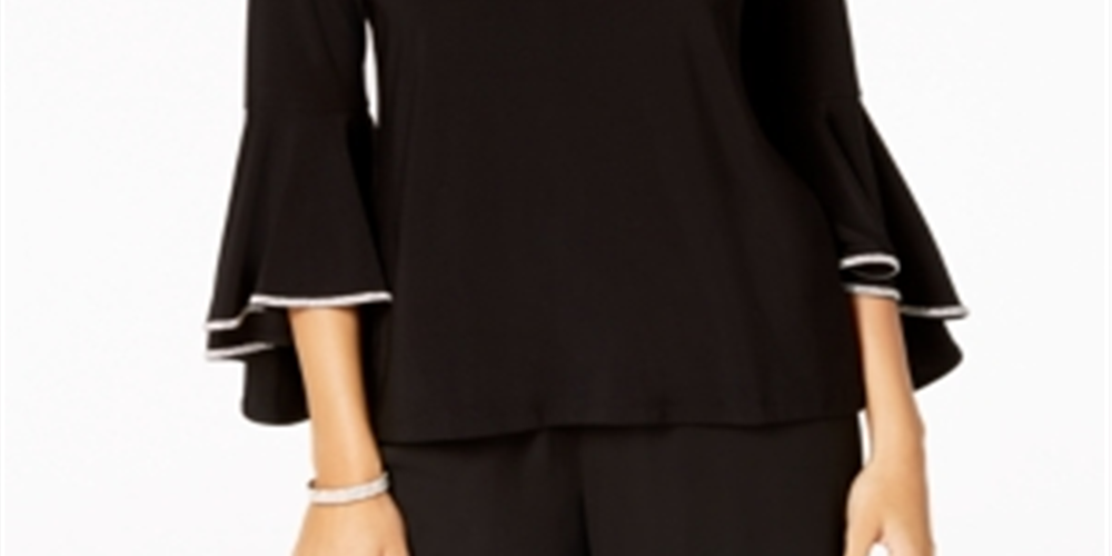 MSK Women's Bell Sleeve Rhinestone Trim Blouse Black Size Petite Medium