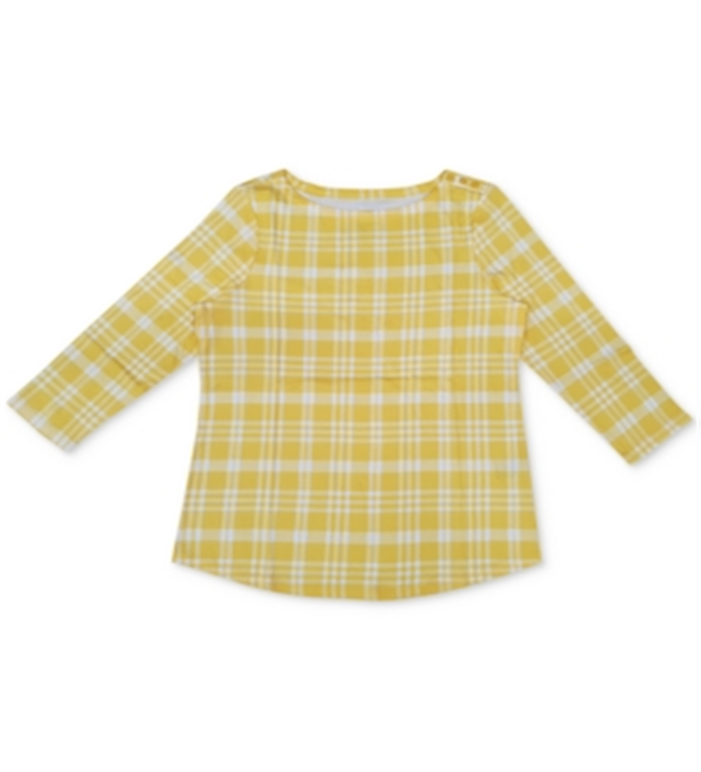 Charter Club Women's Cotton Plaid 3/4 Sleeve Top Yellow Size X-Small