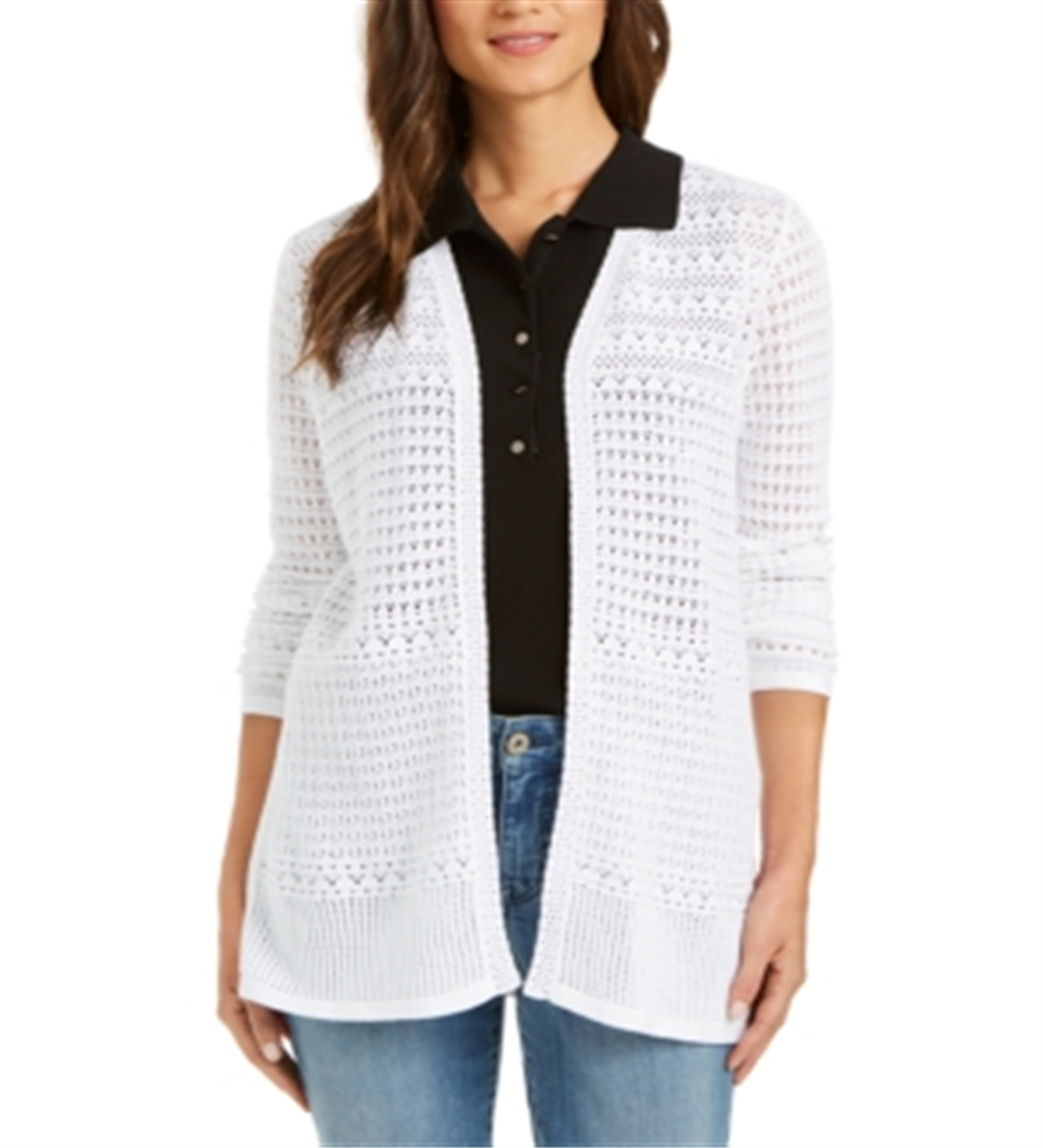 Charter Club Women's Pointelle Knit Open Front Cardigan White Size Small