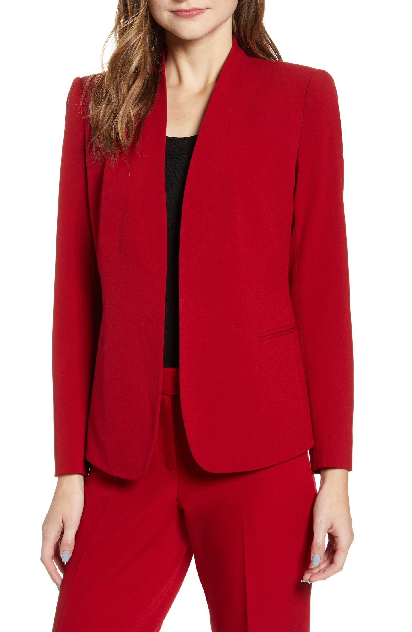 Anne Klein Women's Romantic Collarless Open Front Jacket Red Size 16
