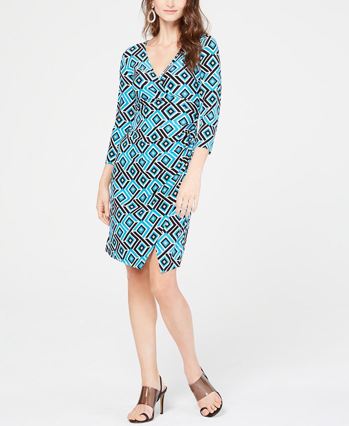 INC International Concepts Women's Geo Print Wrap Dress Blue Size Petite L