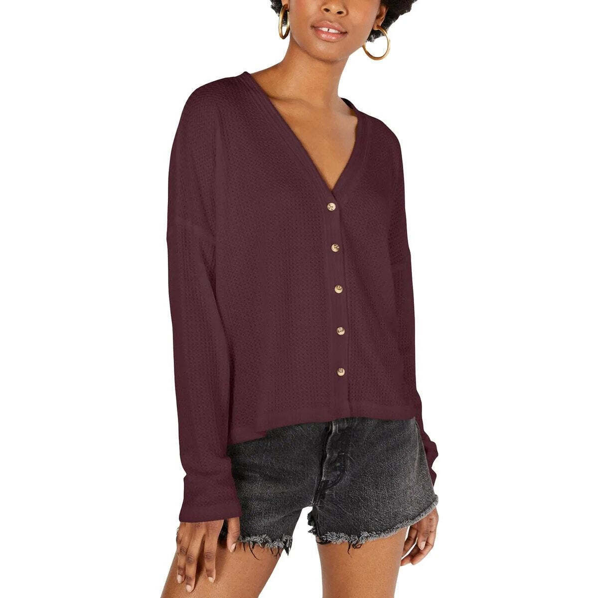 Hippie Rose Women's Hacci Card Waffle Knit Knit Cardigan Sweater Purple Size Medium