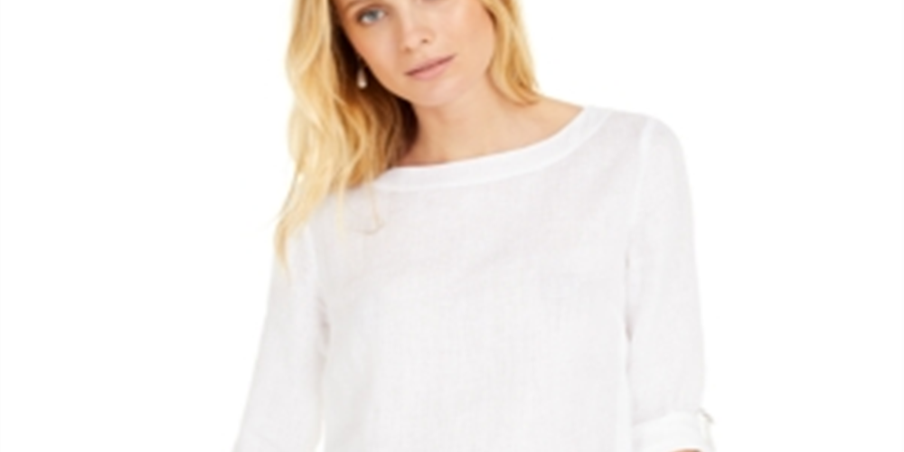 Charter Club Women's D Ring Roll Sleeve Linen Blend Top Pink Size XL
