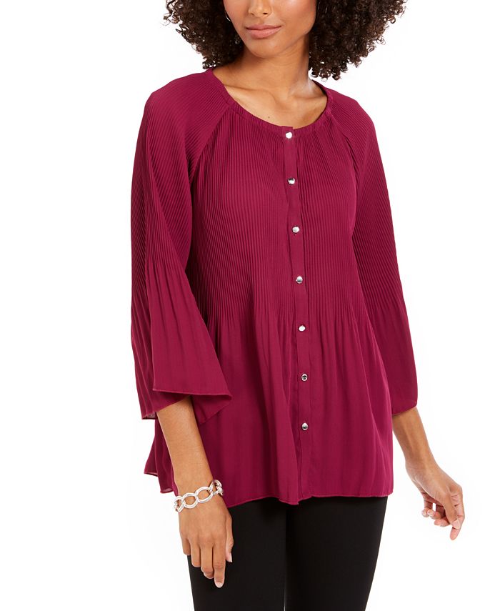 Ny Collection Women's  Petite Pleated Button-Front Bell-Sleeve Top Red Size Petite M