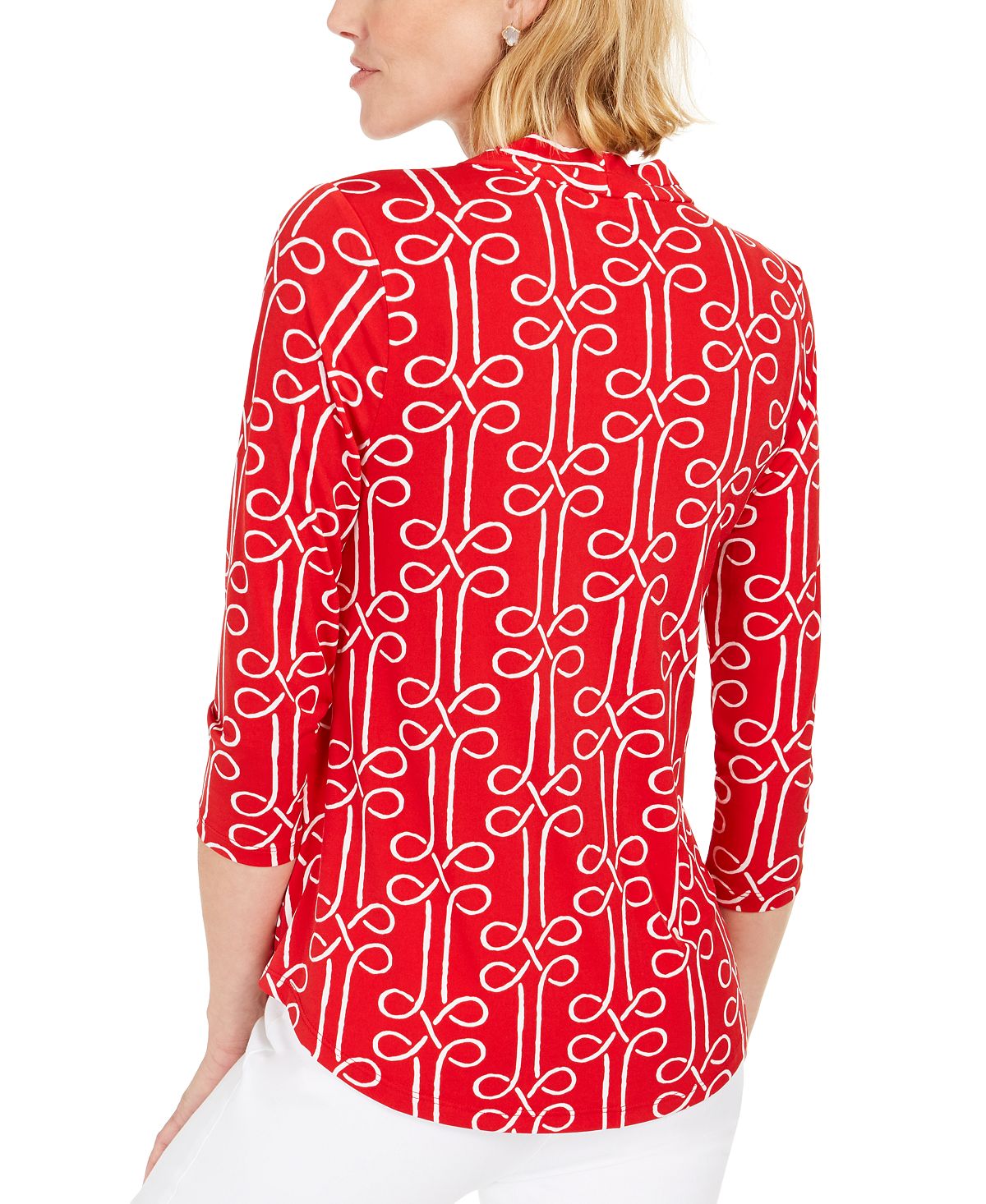 Charter Club Women's Printed Pleated Neck Top Red Size Petite L