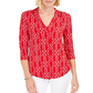 Charter Club Women's Printed Pleated Neck Top Red Size Petite L