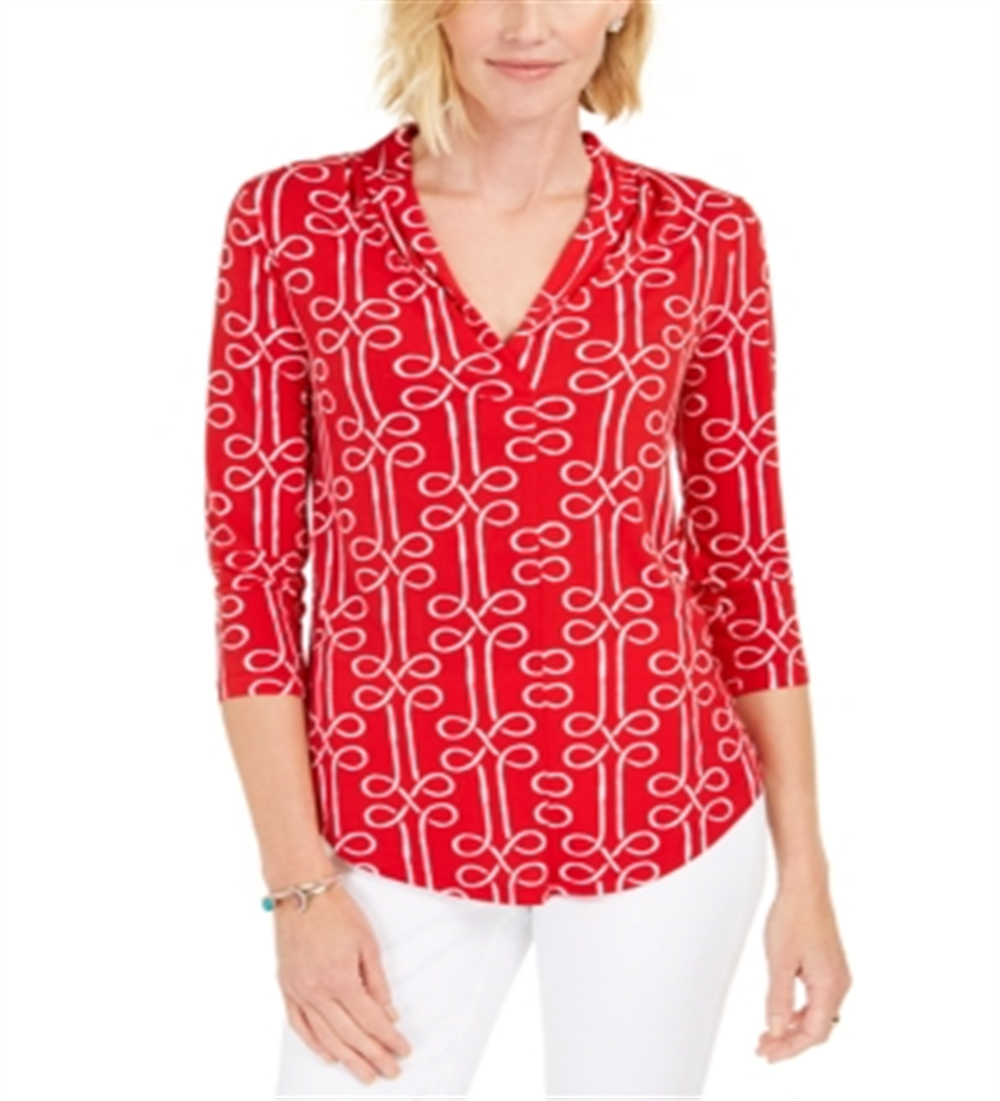 Charter Club Women's Printed Pleated Neck Top Red Size Petite L
