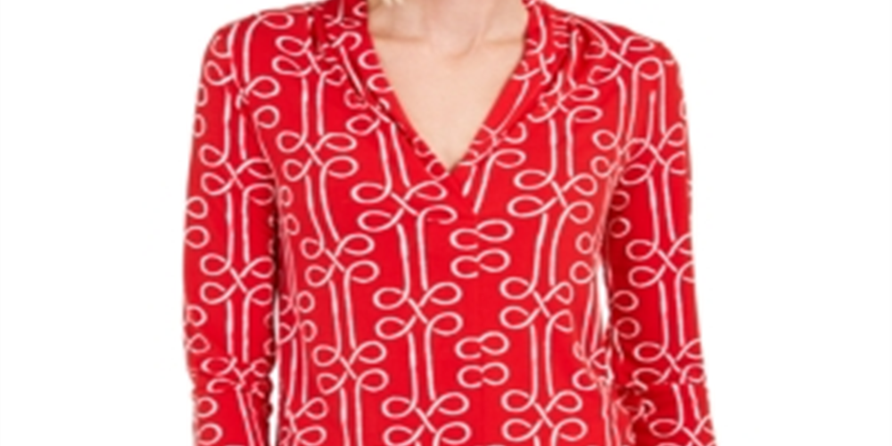 Charter Club Women's Printed Pleated Neck Top Red Size Petite L