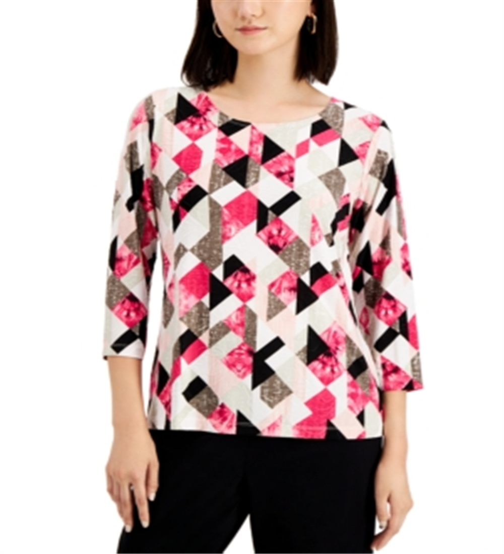 JM Collection Women's Printed Jacquard Top Pink Size Large