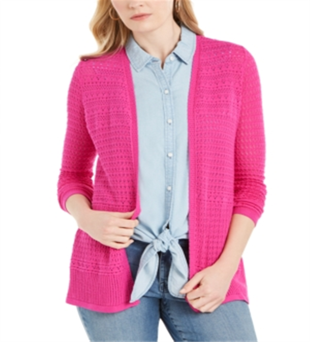 Charter Club Women's Open Front Pointelle Cardigan Pink Size XX-Large
