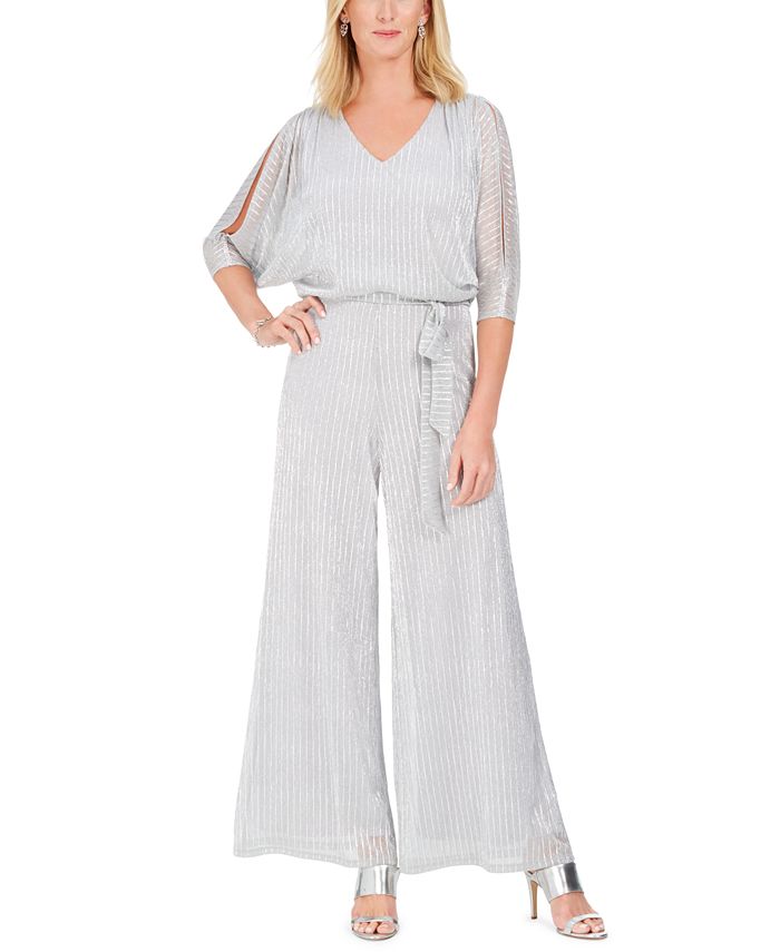 MSK Women's 3/4 Sleeve V Neck Blouse Wide Leg Formal Jumpsuit Silver Size 12