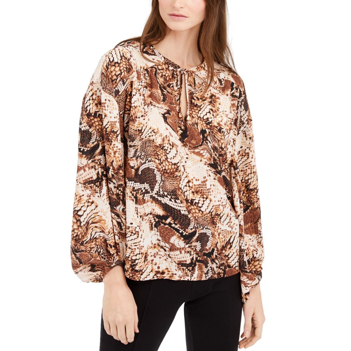 INC International Concepts Women's Snake Print Peasant Top Brown Size Small