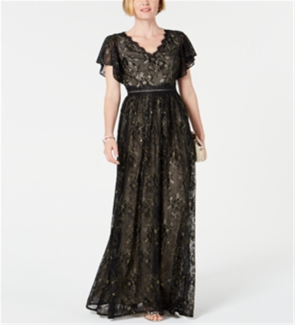 Adrianna Papell Women's Metallic Lace Long Dress Black Size 10